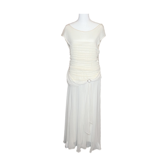 Vtg 90s Womens Maxi Dress 14 Ivory Ruched Broach Wedding Romantic Ethereal Angel - Picture 1 of 12